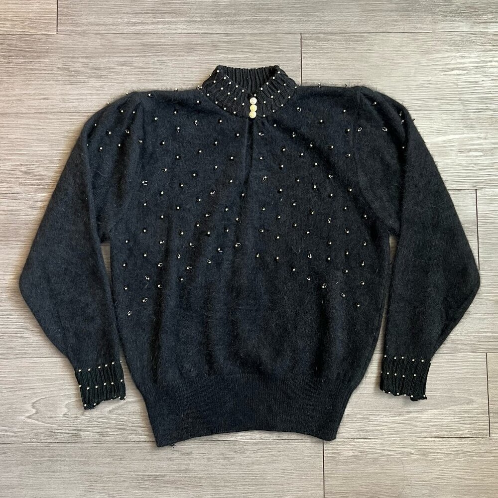 Vintage Angora Fuzzy Beaded Maximalist Sweater Knitwear Nina Austin Size L